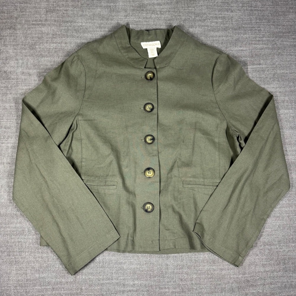 Cynthia Rowley Olive Green Linen Viscose Mandarin Collar Button Jacket Medium